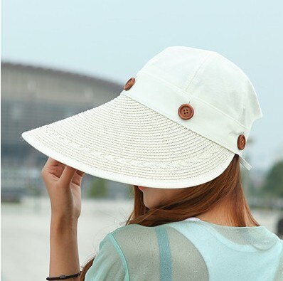 Solhat damer bredt rand halm kvinder bred stor kant floppy sommer strand en solhat stråhat knap kasket sommer hatte til kvinder: Beige
