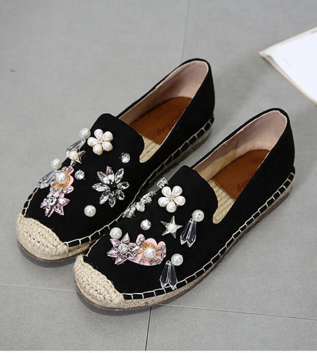 Perle de luxe en tricot pêcheur creeper chaussures femmes perles cousues à la main espadrilles appartements cristal paresseux mocassins antidérapant mocassins: Black / 9