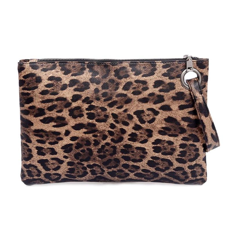 Leopard Print Portable Wristlet Clutch Women Wallet PU Leather Coin Purse: Brown