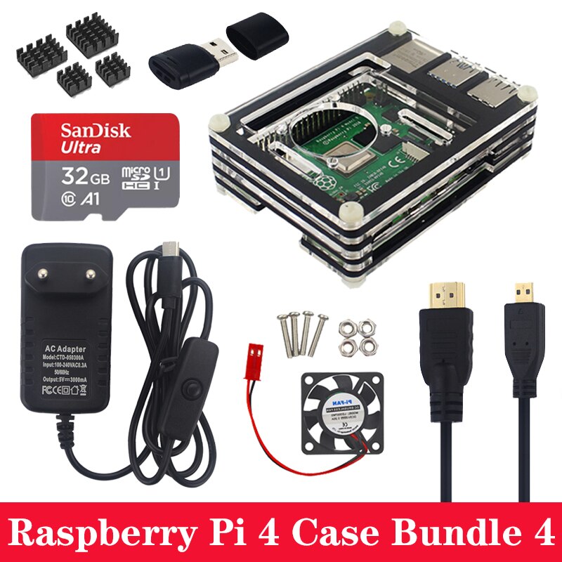 9 Layers Acrylic Case for Raspberry Pi 4 Model B with Cooling Fan Aluminum Heat Sink Power Supply Adapter Charger for Pi 4: Bundle 4