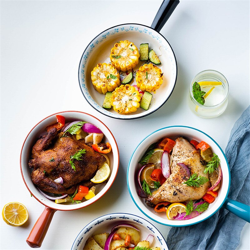 Ceramic Hand-painted Glazed Baking Bowl with Handle French Onion Soup Salad Bowl Roasting Lasagna Pan Round Bakeware