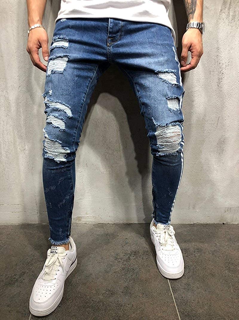 Jeans Men Ripped striped Skinny Jeans Blue Pencil Pants Motorcycle Party Casual Trousers Street Clothing 2022 Denim Man Clothin