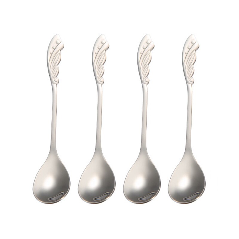 4 Pcs/Lot Mini Spoon Set 12 Cm Tiny Coffee Spoons 304 Stainless Steel Rose Wing-shaped Serving Dessert Spoon Set: Silver 4 Pcs