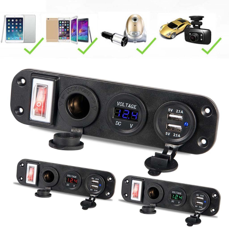 Autolader dubbele usb-adapter 12v sigarettenaanstekeraansluiting led voltmeter schakelaar