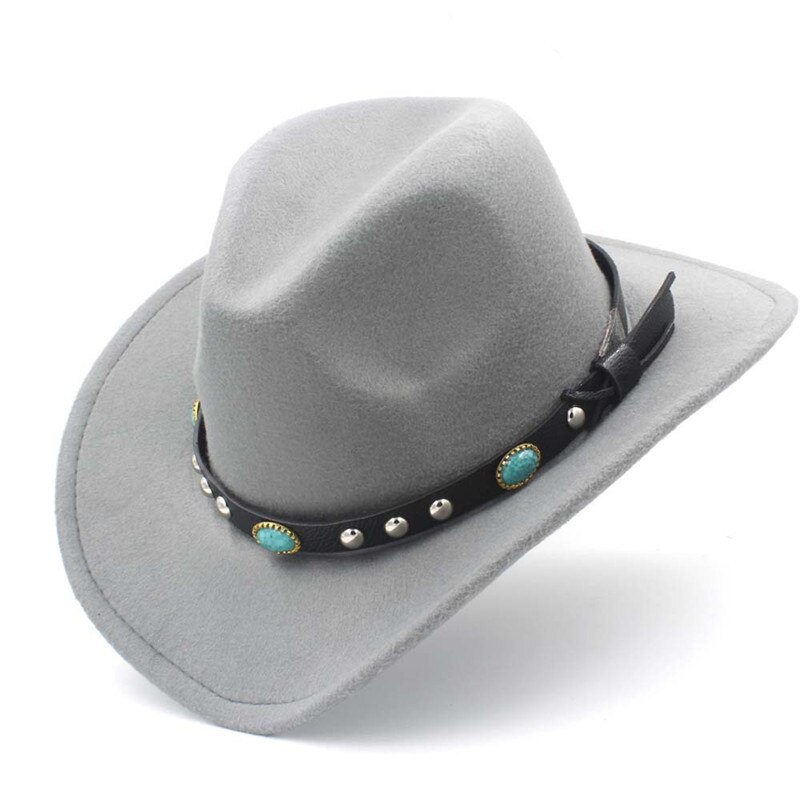 Kvinder mænd uld hul western cowboyhat gentleman filt cowgirl jazz ridesport sombrero kasket str. 56-58cm s35: Grå