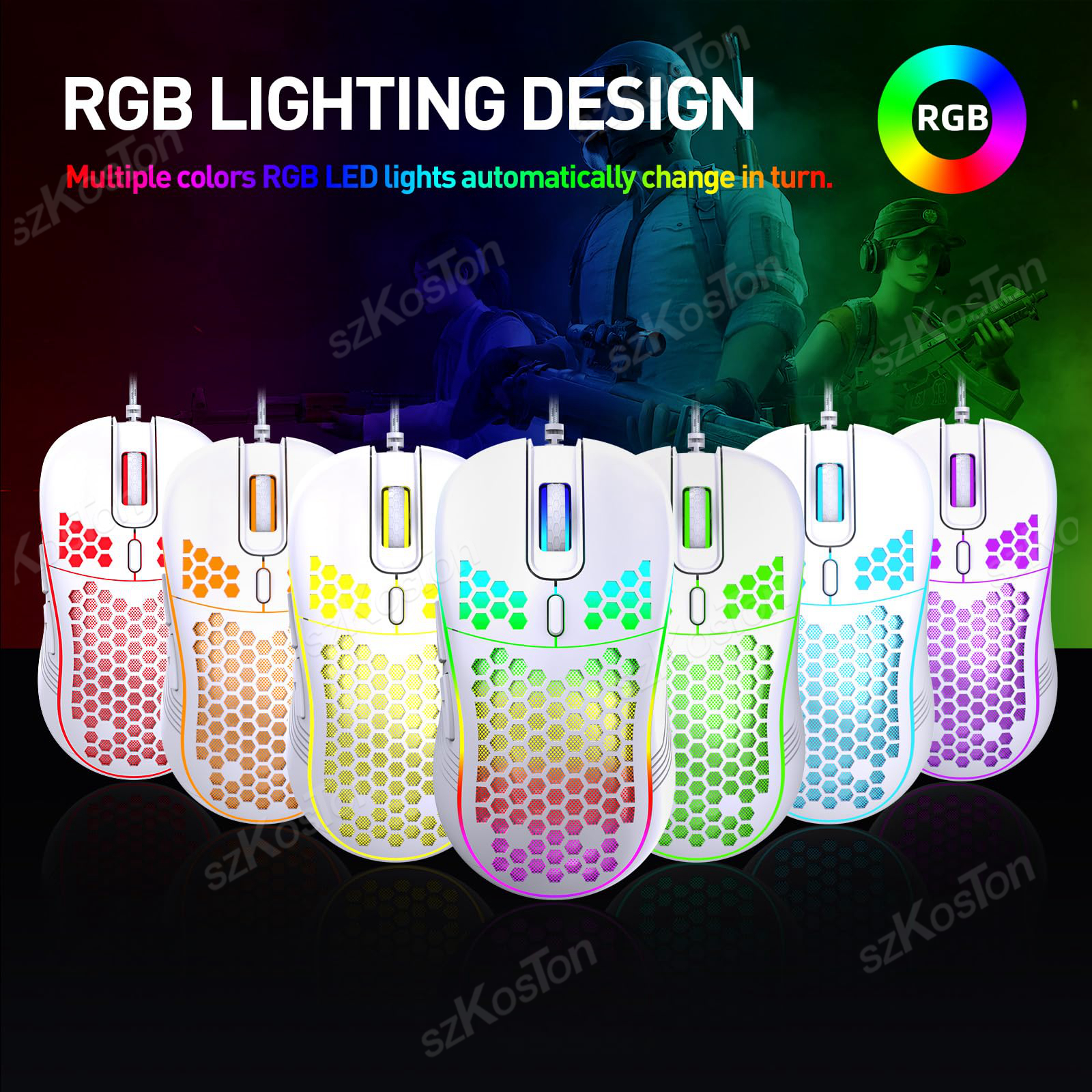 RGB Wired Gaming Mouse Ergonomic Mouses 6Levels Adjustable 7200DPI with Backlight for Office Computer PC Gamer