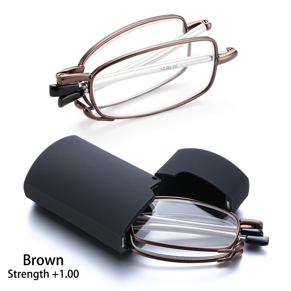 Men Women MINI Reading Glasses Folding Small Glasses Frame Black Metal Glasses Includes Original Case +1.0-4.0: Brown(Strength1.00)