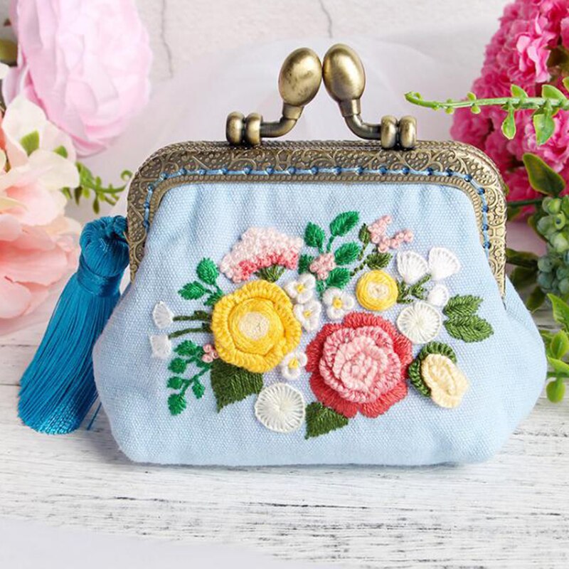 Billetera con bordado de flores de cinta para principiantes, Kits de costura, Serie de punto de cruz, manualidades, Kit de materiales de monedero DIY
