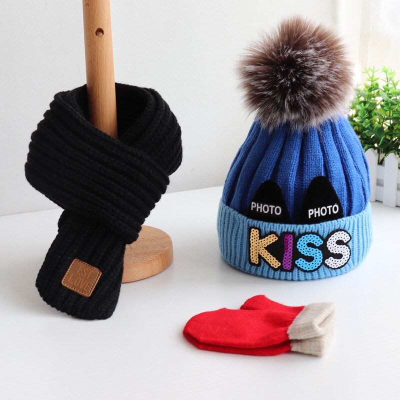 Conjunto de tres piezas de guantes para sombrero y bufanda para niños y niñas, en otoño e invierno, precioso gorro de lana tejido y bufandas cálidas: light bule black