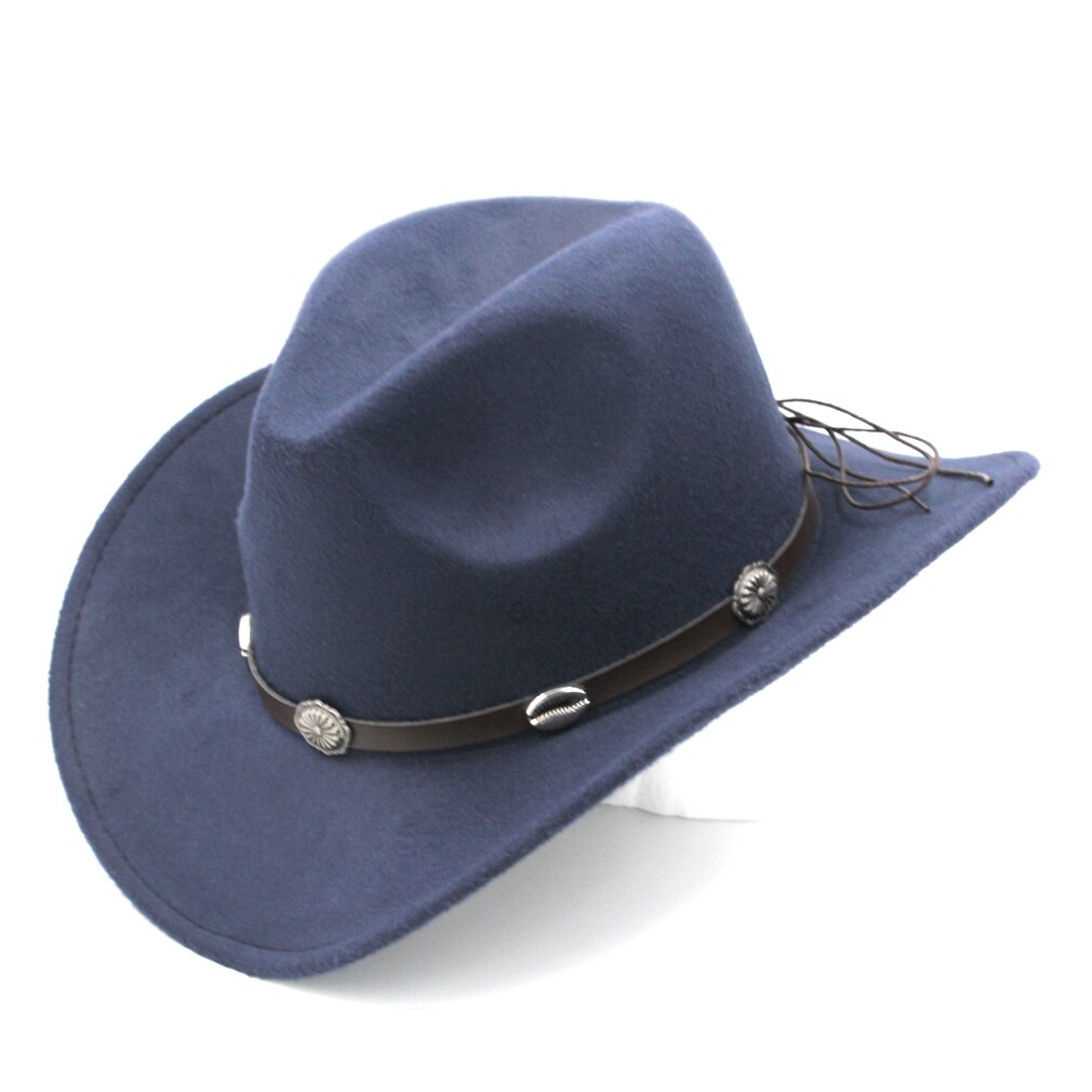 Mistdawn vintage stil bred skygge western cowboy hat cowgirl cap australsk stil hat m / læderbånd størrelse 56-58cm: Marine blå