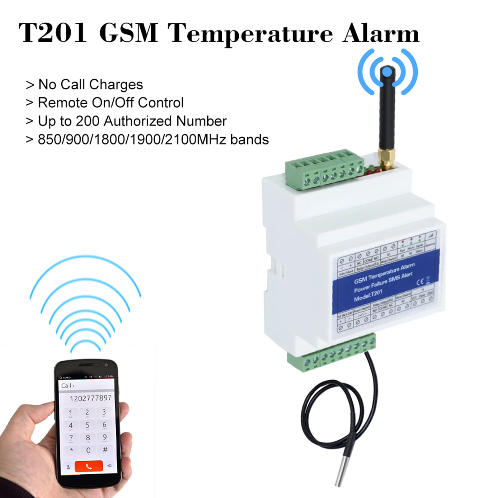 Gsm fjärrreläbrytare åtkomstkontroll  t201 gsm temperaturlarm 2g/3g/4g strömstatusövervakning strömavbrott sms larm