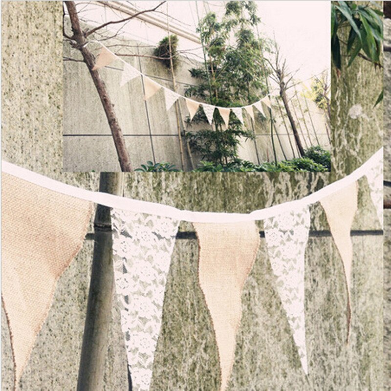 Gelukkig Gewoon Huwelijk 3.3M Bruiloft Decoratie Vintage Verjaardagsfeestje Decoraties Jute Linnen Kant Bunting Vlaggen Wimpel