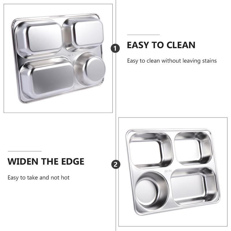 4 Section Stainless Steel Divided Dinner Tray Square Thickened Lunch Container Fruit Snack Food Plate For School Canteen