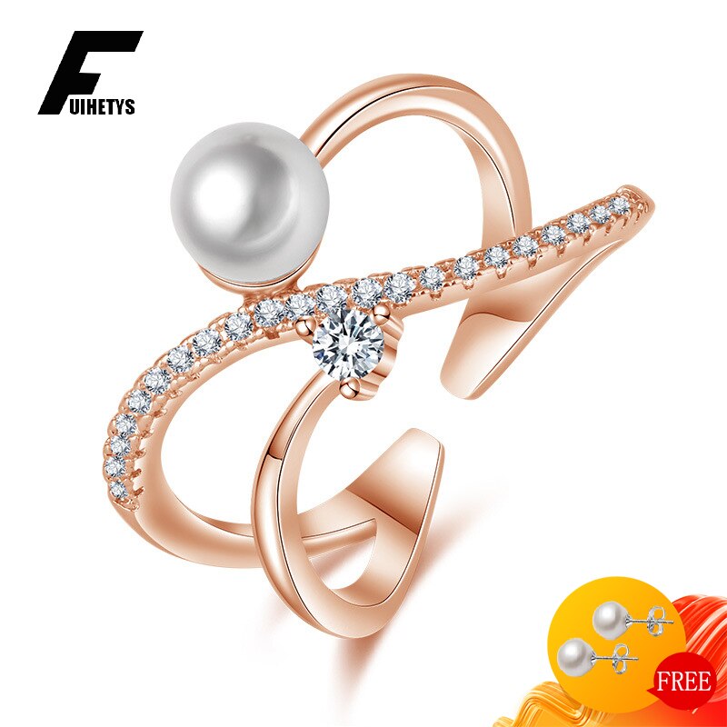 Women's rings, 925 silver jewelry, pearl, zircon gemstones, open finger ring accessories for wedding, engagement, party