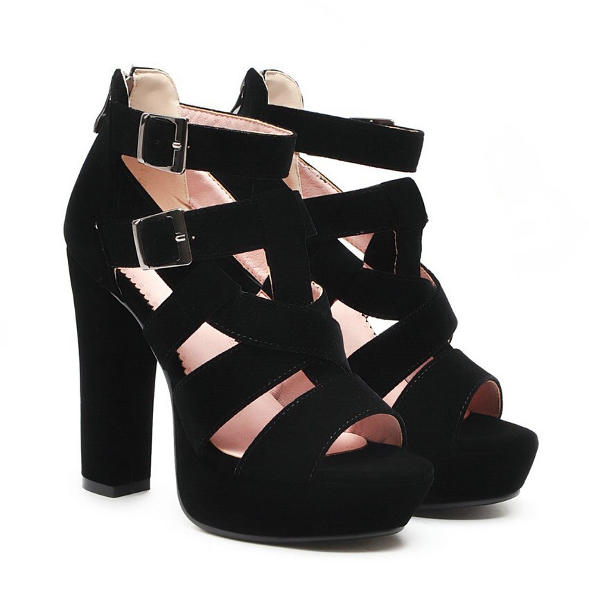 Qutaa dam sandaler fyrkantig superhög klack peep toe scrub dubbelspänne gladiator sexiga damer pumps plattform 3.5cm storlek 34-43: Svart / 9