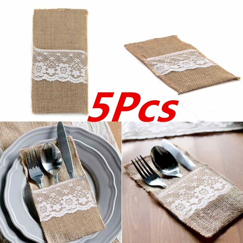 5 sztuk koronka z juty sztućce etui weselna zastawa stołowa strona dekoracji uchwyt torba Hessian rustykalne juty 11cm X 21cm