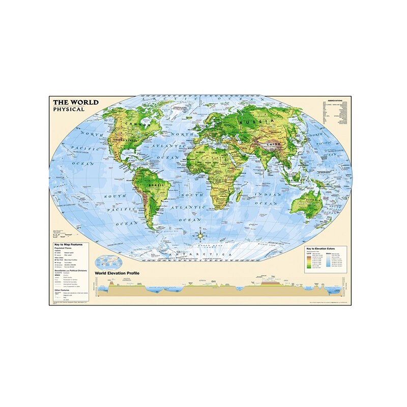 24x36 inches The World Physical Map With Key to th... – Grandado