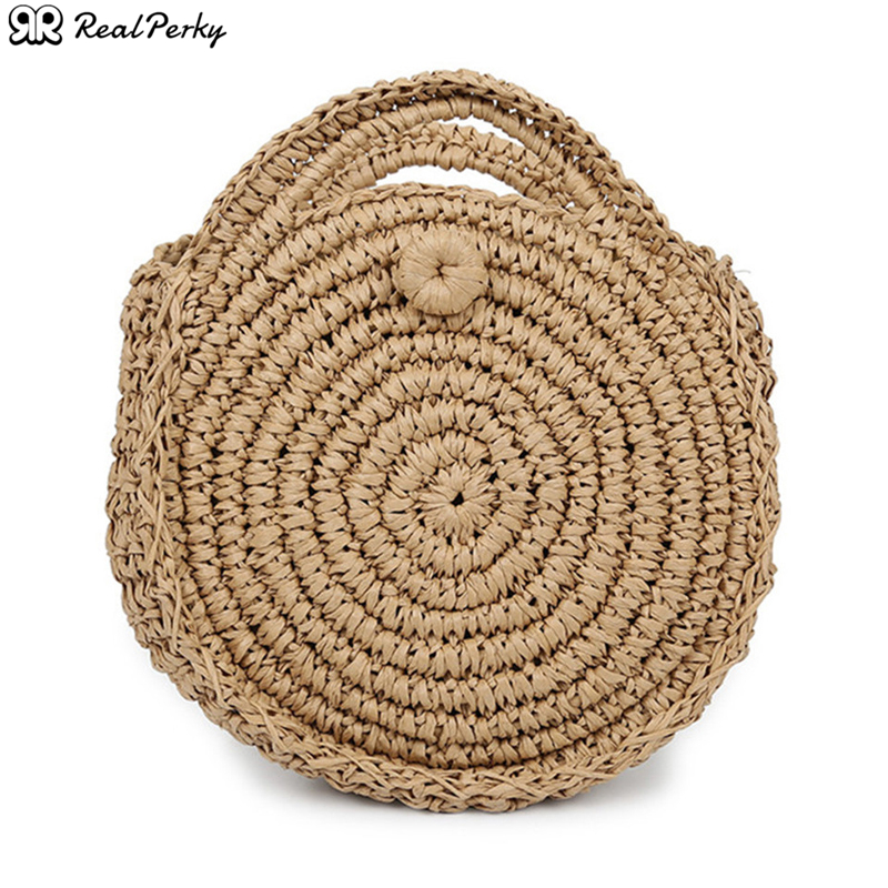 Runde, gehäkelte strandtasche aus stroh, diagonal gewebte handtasche für damen