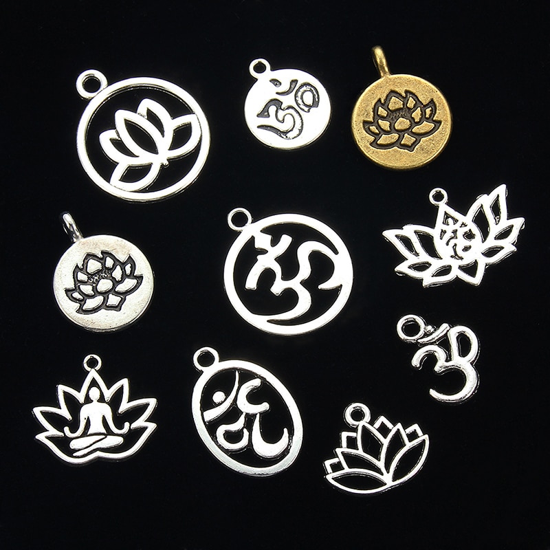 10pcs/lot Mix Styles Tibetan Silver Lotus Flower Yoga OM Charm Pendants Jewelry Accessories Bracelet Jewelry Findings DIY