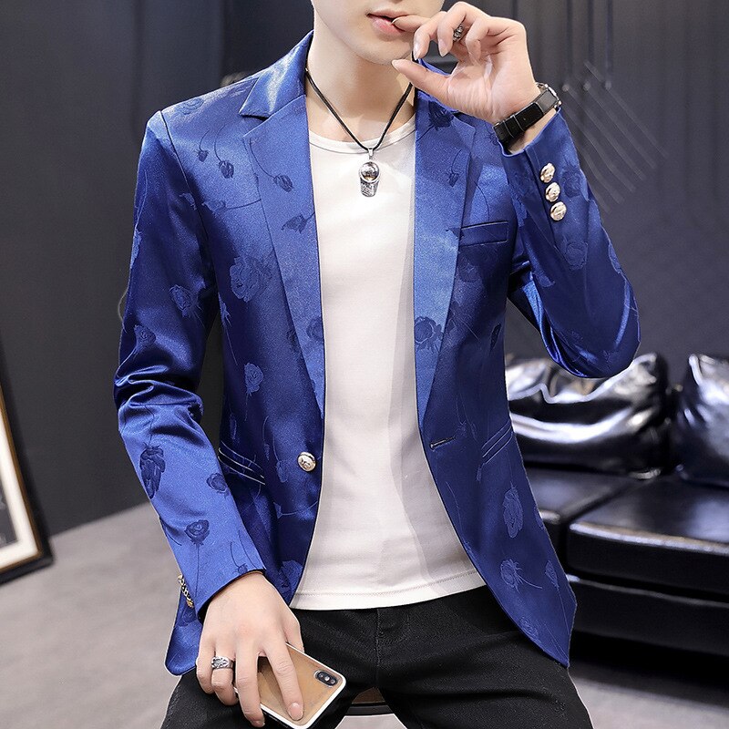 Men Autumn Clothing Printed Casual BLAZER Teenager Slim Fit Business Blue Pattern BLAZER