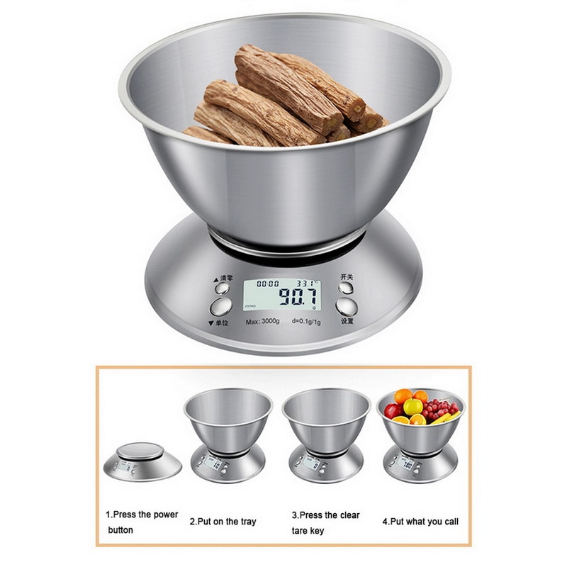 Food Scale Stainless Steel Digital Kitchen Weight with Removable Bowl Temperature Sensor for Cooking and Baking 5KG/1G