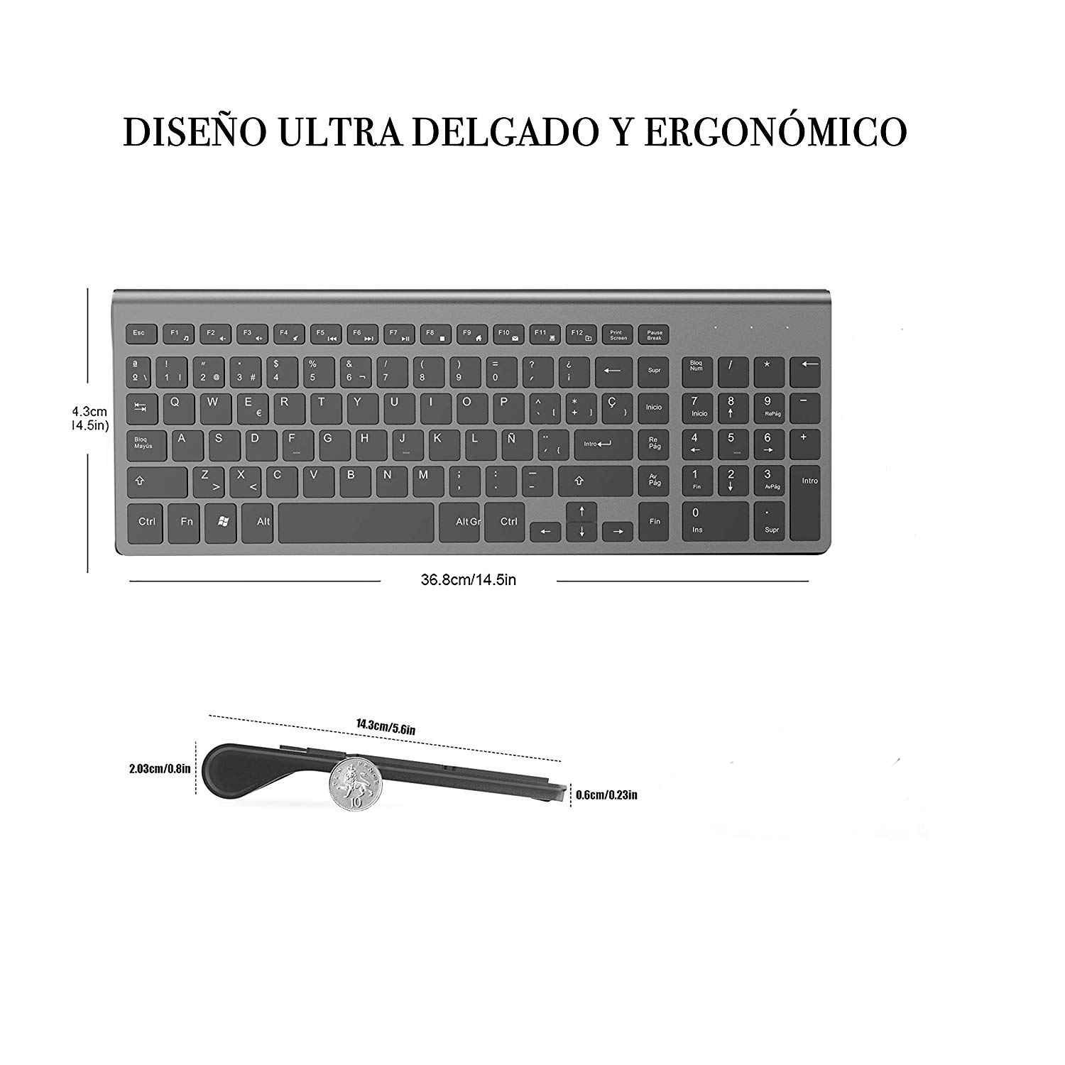 Wireless Keyboard,2.4G Slim And Compact,With Numeric Keys,Spanish Layout,Suitable For IMac/Mac, MacBook, Laptop(Black And Grey)