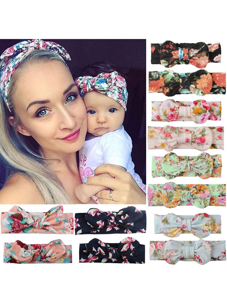 2 Stuks Moeder En Baby Hoofdbanden Strik Kruis Bloem Gedrukt Meisjes Haarband Elastische Mama En Me Tulband Ouder-Kind