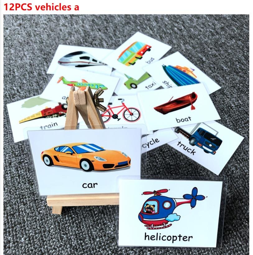 Kids Montessori Baby Learn English Word Card Flashcards Cognitive Educational Toys Picture Memorise Games For Children: 12pcs vehicle a