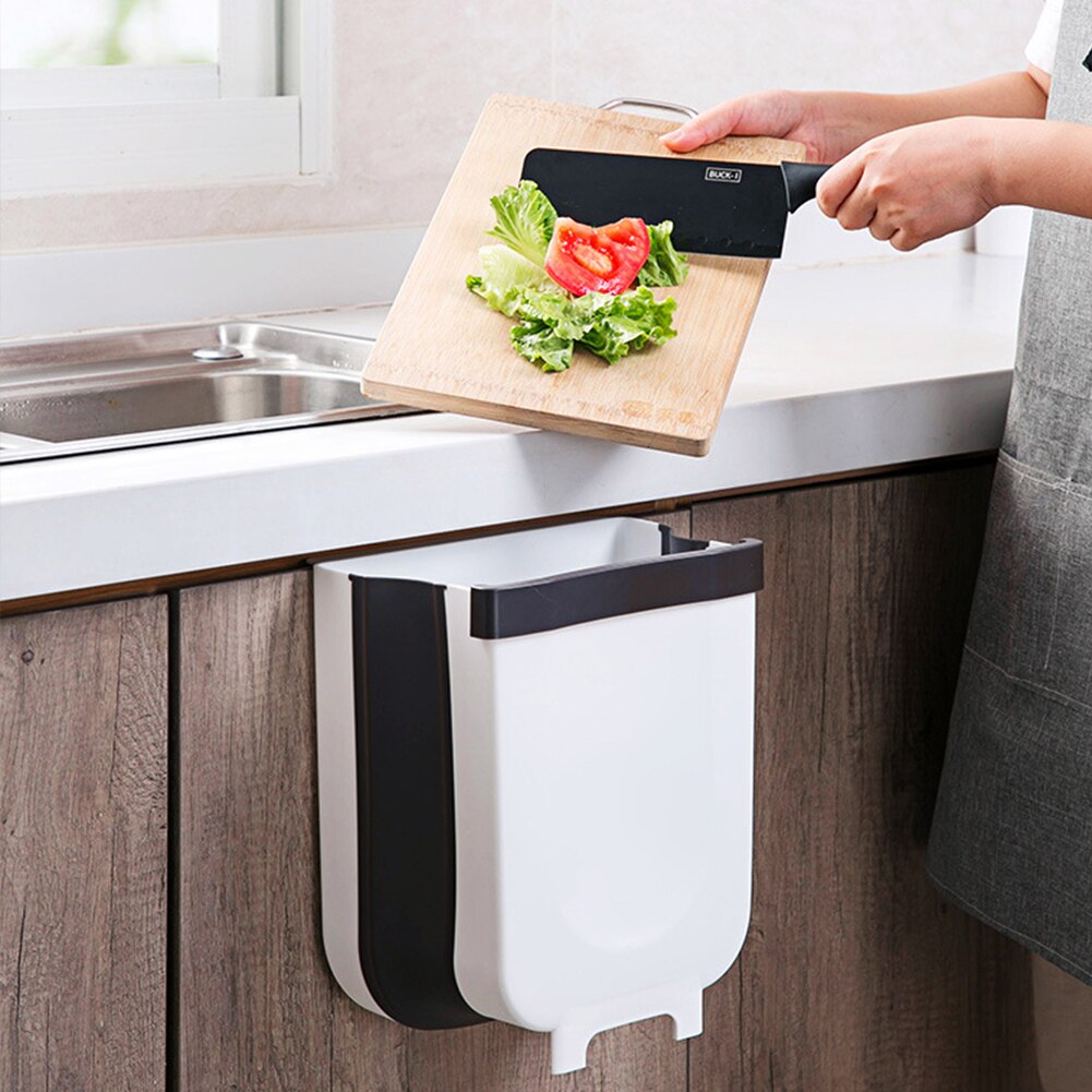 Wall Mounted Folding Waste Bin Kitchen Cabinet Door Hanging Trash Bin Garbage Car Trash Can Wall Mounted Foldable Cleaning
