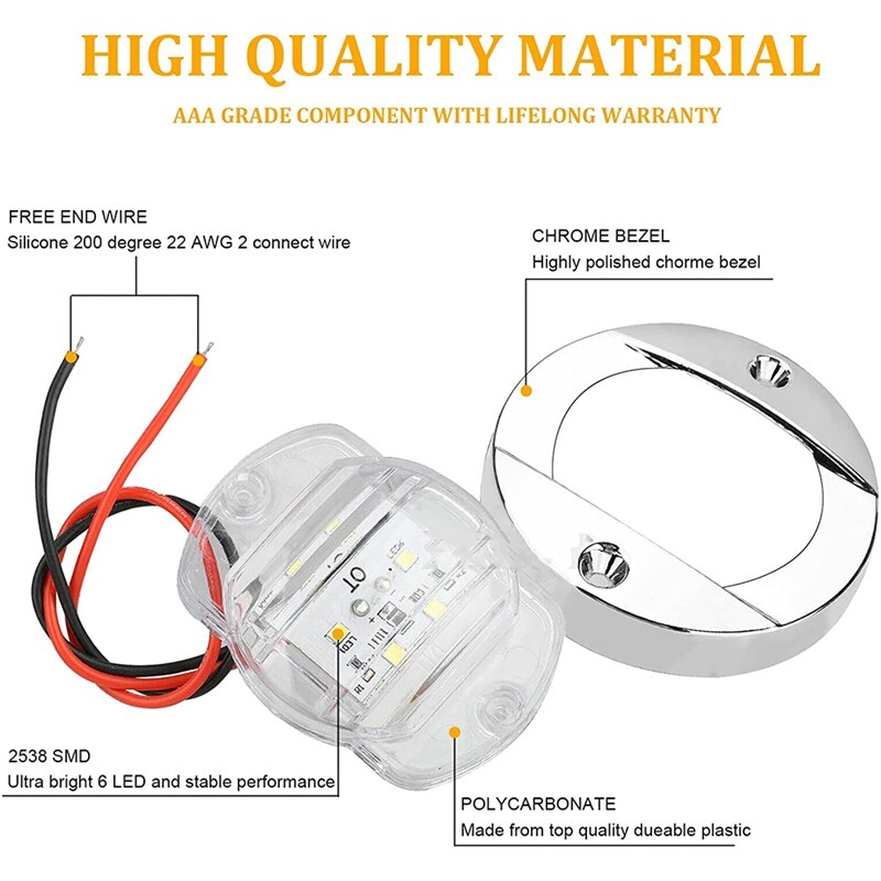 Luces interiores para barcos marinos de 4 piezas, luz de cortesía para cubierta de barco LED de 12V, 3 pulgadas, redonda, blanca, 6 LED, luz de anclaje de popa
