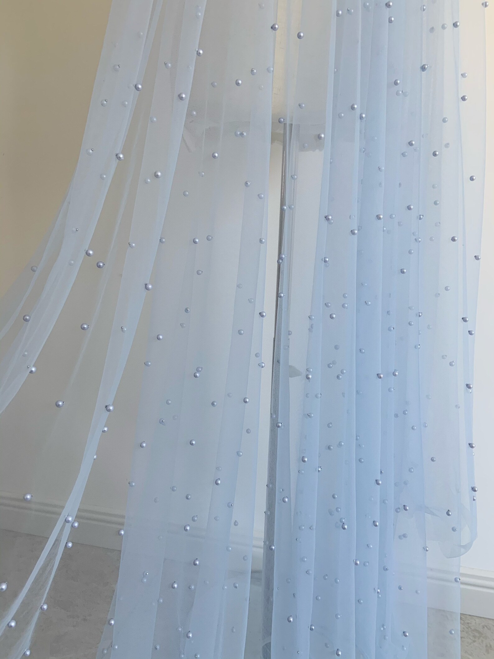 1 yard Light Sage Green Pearl Bead Tulle Fabric Pale Blue Tulle Lace Fabric with Pearls For Prop Dress Costume