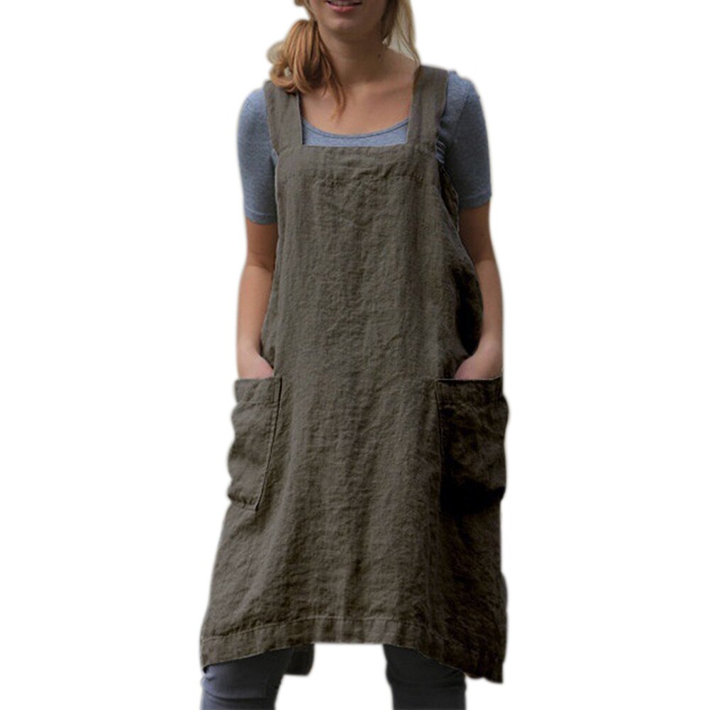 Women Bib Apron Kitchen Solid Florist Home Cooking Sleeveless Cotton Linen Cleaning Chef Household Baking Washable Pinafores: Green / XL