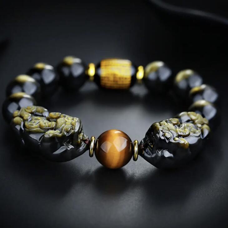 Natuurlijke Mexico goud obsidiaan dubbele PI xiu armband dubbele een dollar bixie mannelijke stijl prachtige carving hand string