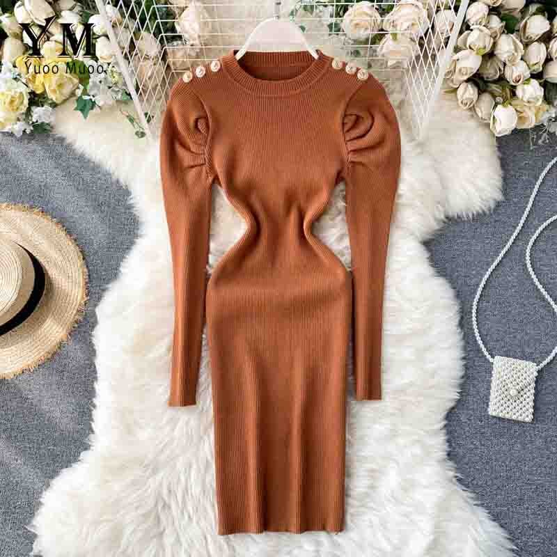 Yuoomuoo Herfst Winter Vrouwen Gebreide Jurk Europa Knoppen Lange Puff Mouwen Elegante Jurk Dames Bodycon Jurk: Oranje