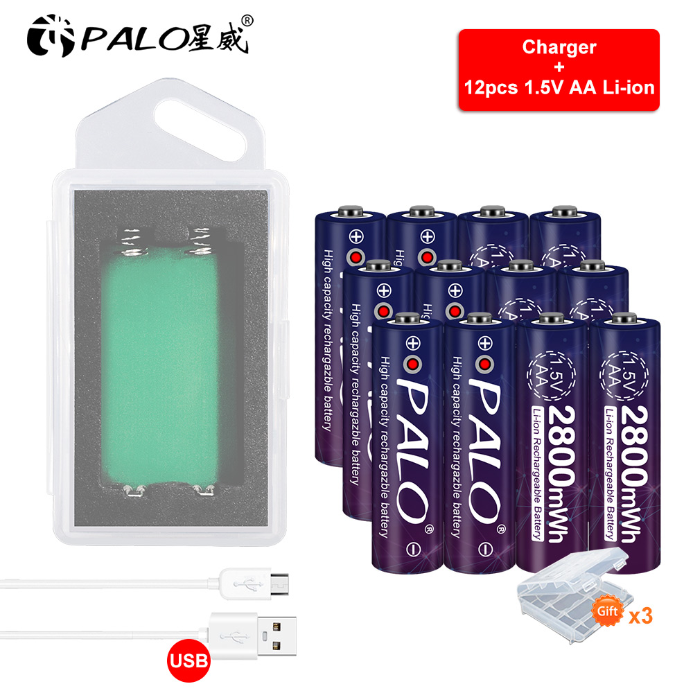 PALO 2800mWh AA1.5V lithium-ion battery 1.5V AA rechargeable pre-charge battery+1.5V AA li-ion battery charger case usb charger: 12pcs and charger