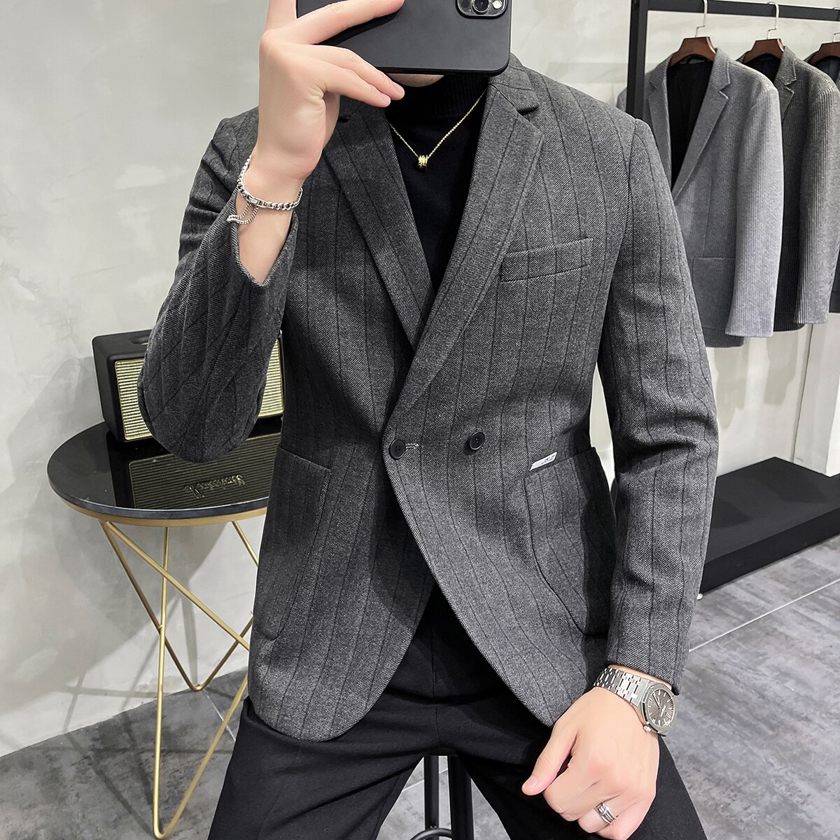 Chaqueta a rayas de doble botonadura para hombre, Blazer grueso de estilo británico, de corte entallado ropa sencilla, traje informal, abrigos de negocios, S-3XL Formal