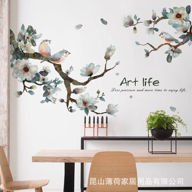 Wysokiej jakości sztuki życia kwiat ptak gałęzie grzejnik ścienny naklejki pcv dla TV robić salonu przyklejany robić ściany tapety wystrój domu duże