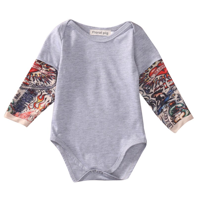 Herfst katoen Pasgeboren Baby Jongen Zwart Grijs Bodysuit Kleding Tattoos Print Lange Mouwen Bodysuit Jumpsuit Outfits