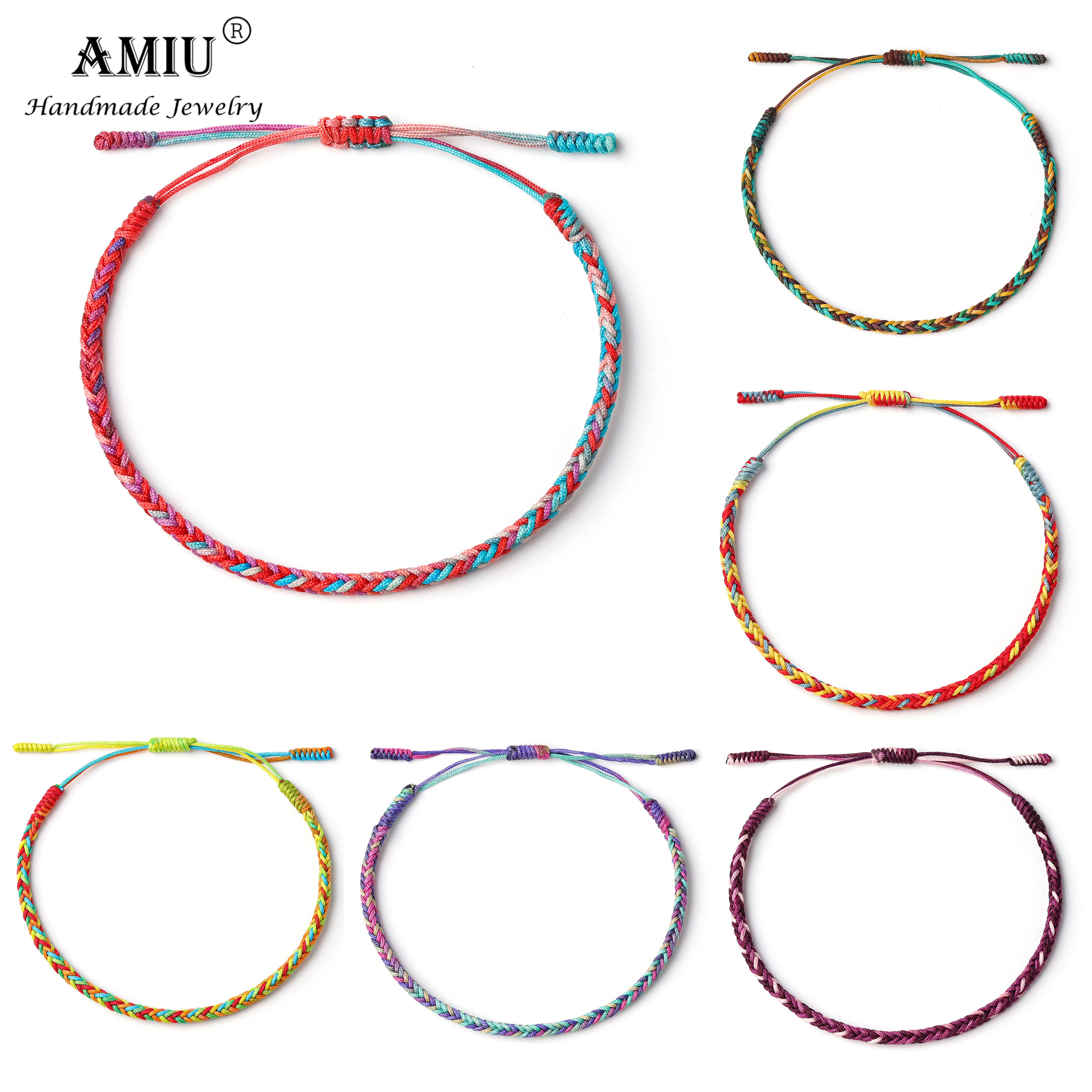 AMIU-Pulseras de la suerte Budista Tibetano hechas a mano, pulseras de colores degradados, amuleto de nudos de cuerda de , pulsera trenzada del Tíbet