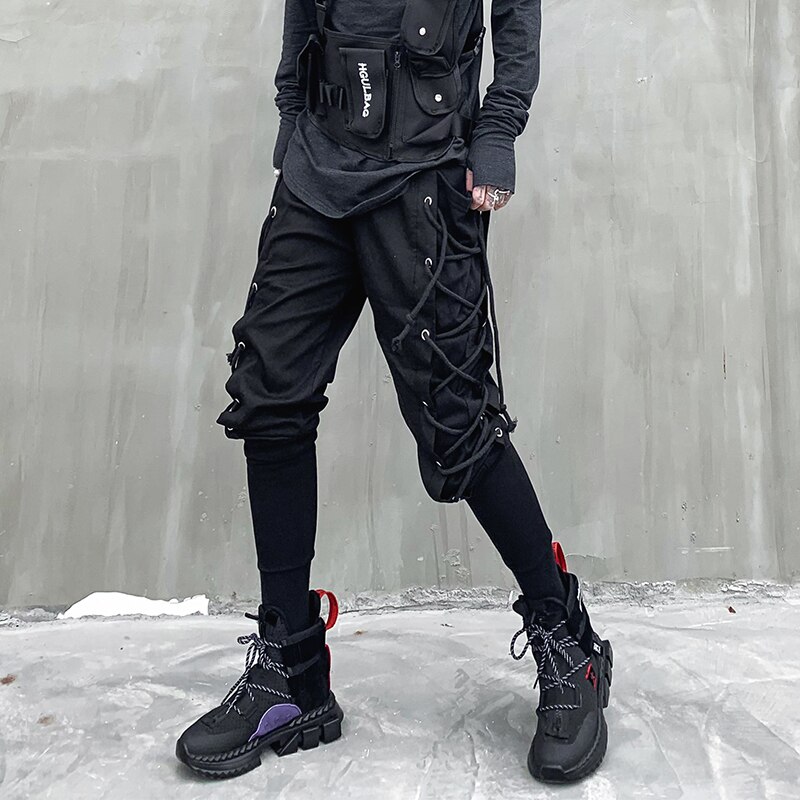 Pantalones de harén para hombre, ropa de calle gótica, Punk, Hip Hop, ajustados, con cordón