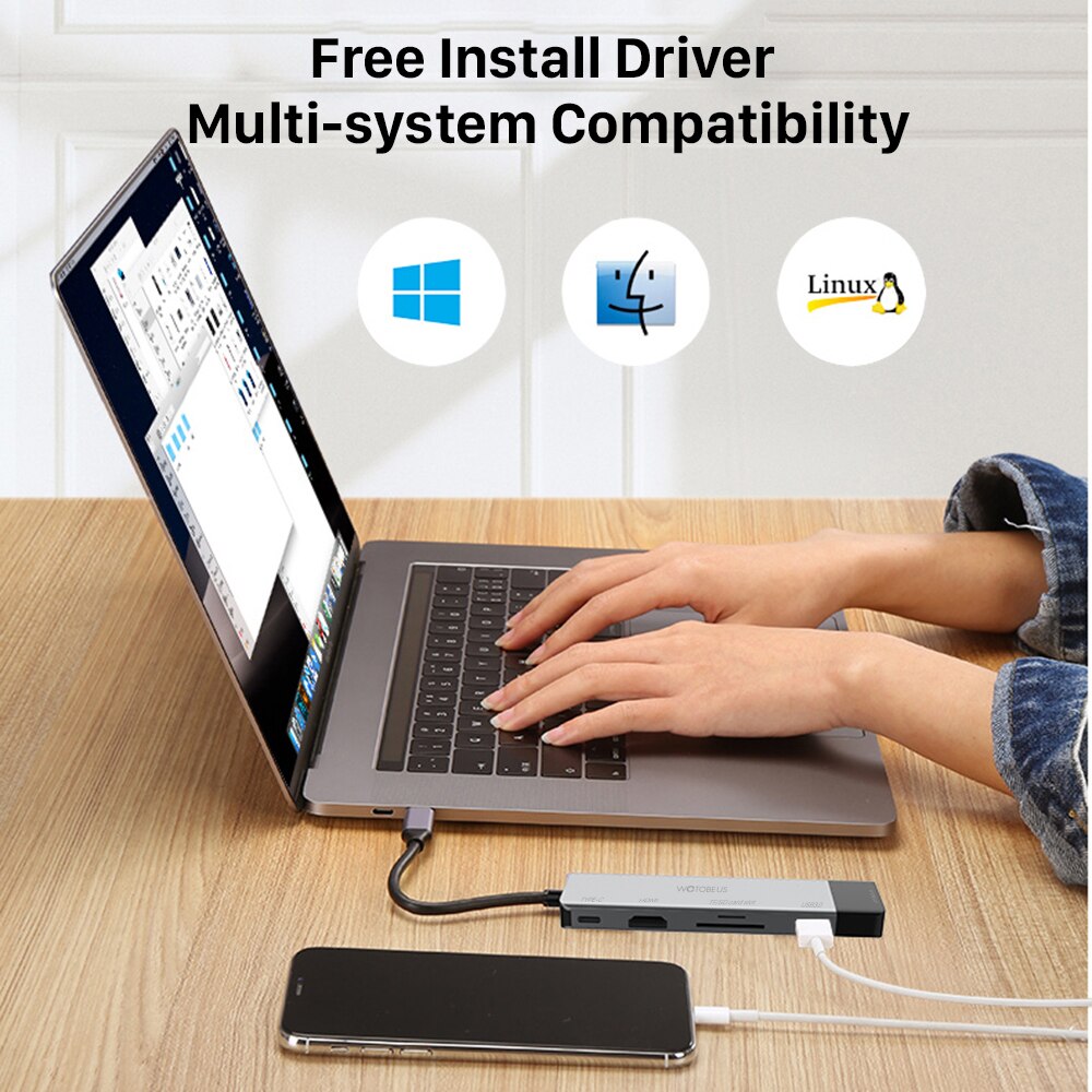 Wotobe 6-In-1 Usb Type C Hub Docking Station Naar Hdmi Compatibel Usb 3.0 Type-C adapter Usb Hub Voor Macbook Samsung Huawei