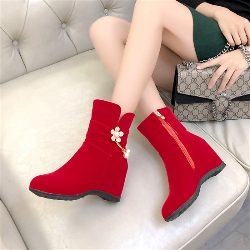 PXELENA fleur douce perle chaîne mariée mariage bottes chaussures d'hiver caché talons hauts Faux daim troupeau bottines rouge 43
