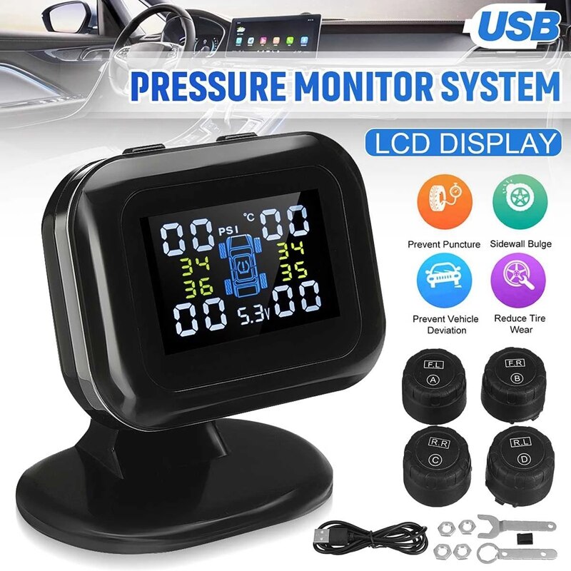 Système de surveillance TPMS de la pression des pneus de voiture, affichage numérique LCD, alarme de sécurité automatique, chargement USB