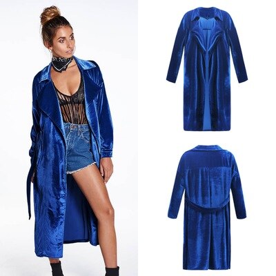 Abrigo de terciopelo con cuello de solapa para mujer, cárdigan de manga larga, prendas de vestir exteriores largas, gabardina informal de talla grande: Azul real / XXL