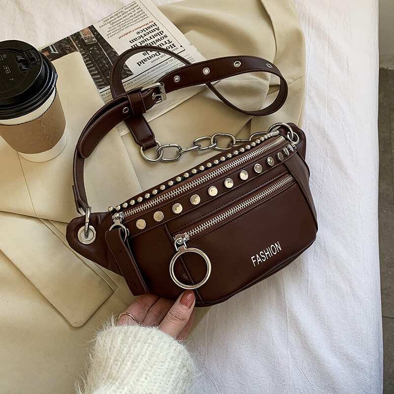 Niet Schulter Tasche Für Frauen Trend PU Brust Tasche Kette Einfarbig Umhängetasche Reise Luxus Handtasche Sack Weichen: Kaffee