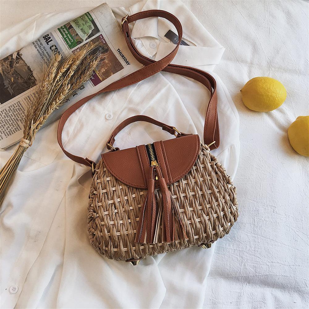 Vintage borla sela rattan shouder crossbody sacos designer wikcer tecido bolsas casuais senhoras verão praia palha bolsas: khiki