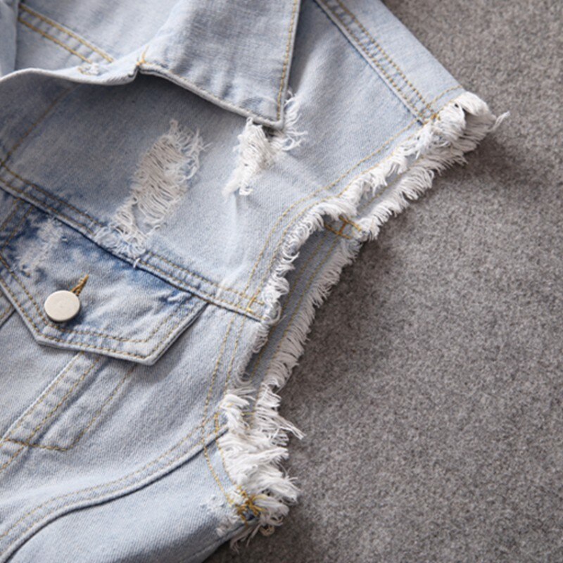 Primavera otoño agujero rasgado claro azul chalecos para hombres Punk coreano solo pecho ajustado chaleco sin mangas masculino de talla grande