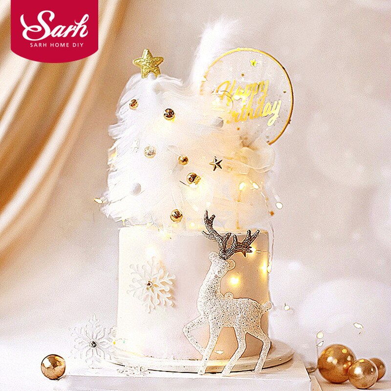yarn Christmas Tree Elk Snowflake Cake Topper for Birthday Party Decor Star Baking Supplies Dessert