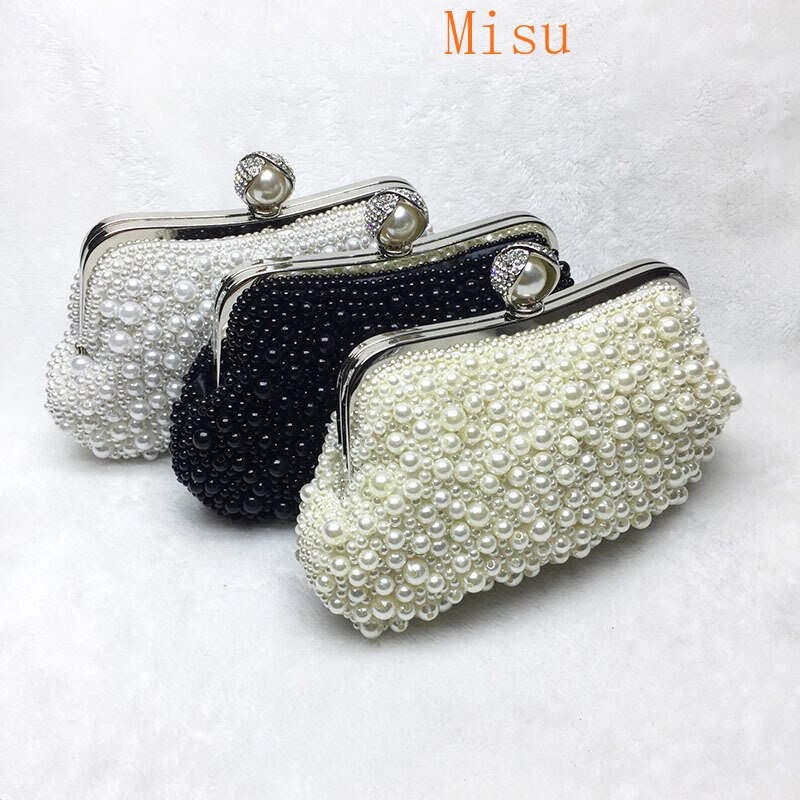 Women White Pearl Shell Evening Bags Luxury Wedding Bead Small Handbag Clutch Dinner Purse Chain Shoulder bag