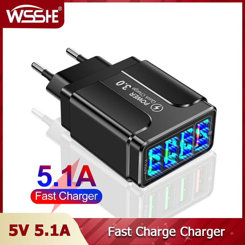 4 Port fast charge charger 5V 5.1A phone charger LED Lighting usb adapter For iphone 12 mini samsung s21 ultra oneplus 9 pro